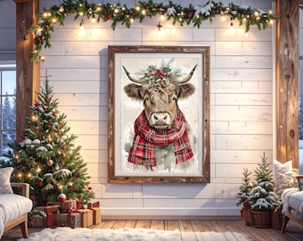Highland Cow Christmas Wall Art Retro Cow Poster Cattle Wall Art Cow Canvas Xmas Wall Decor Farmhouse Style