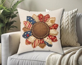 Americana Sunflower Decorative Pillow Cover, Rustic patchwork flower, July 4th home decor, Couch bed chair accent