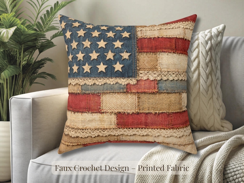 May include: A decorative throw pillow with a distressed American flag design. The pillow features a blue denim field with wooden stars, red and beige patchwork stripes, and lace trim. The text "Faux Crochet Design - Printed Fabric" is visible.