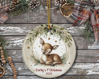 Personalized Baby's 1st Christmas 2025 Deer Ornament My First Christmas Keepsake Woodland Ornament