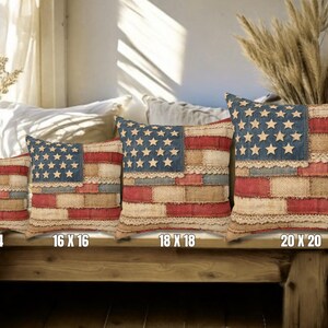 Vintage style American flag patchwork pillow on bright window bench with soft farmhouse styling