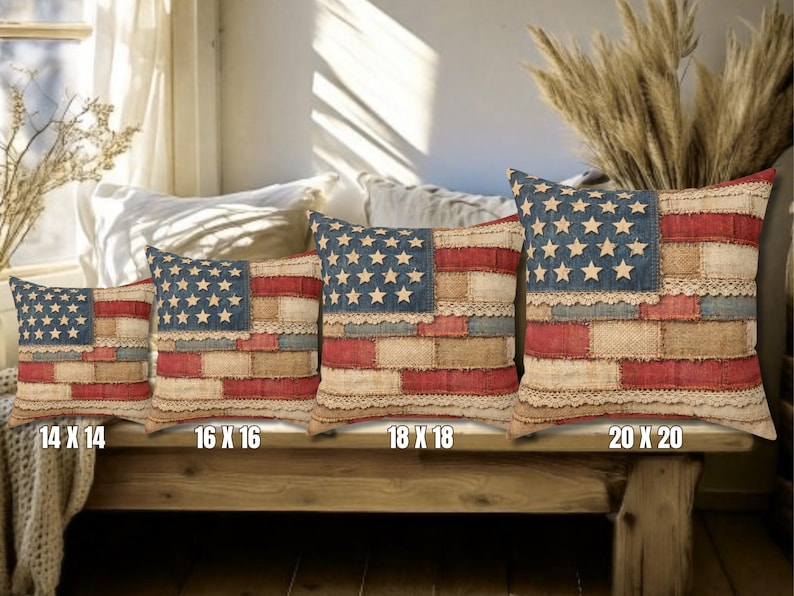 Vintage style American flag patchwork pillow on bright window bench with soft farmhouse styling