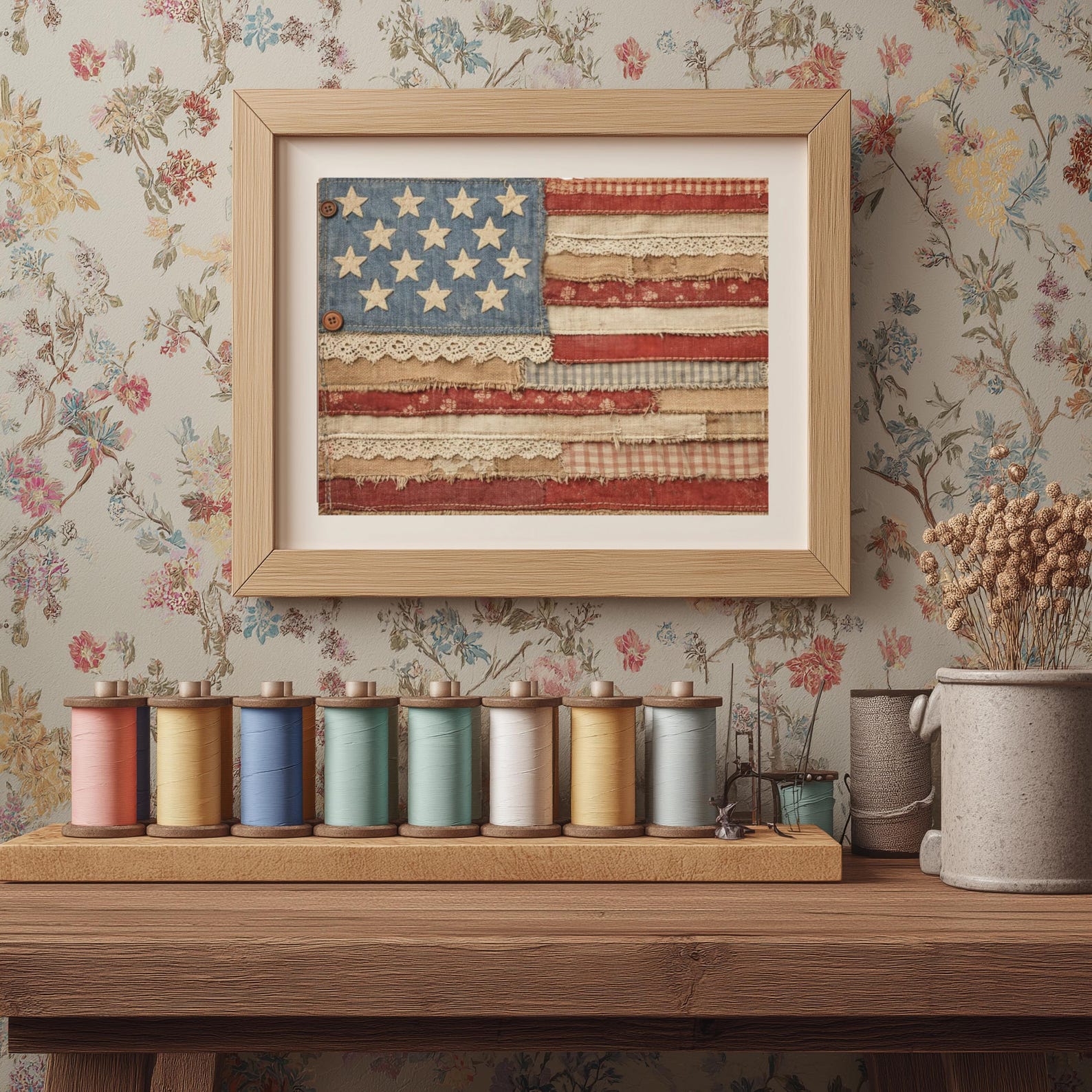 Rustic Patchwork American Flag Wall Art Print, Vintage USA Decor ...