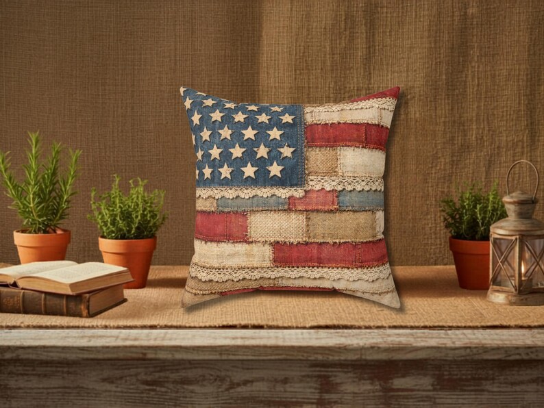 Rustic patriotic pillow with vintage American flag patchwork design on wood shelf with plants and books