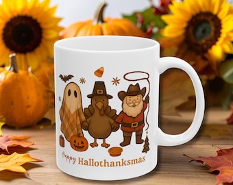 Festive Ceramic Mug for All Seasons, Perfect for Christmas and Halloween, Holiday Gift, Cute Ghost & Cowboy Design, 11oz, 15oz Options
