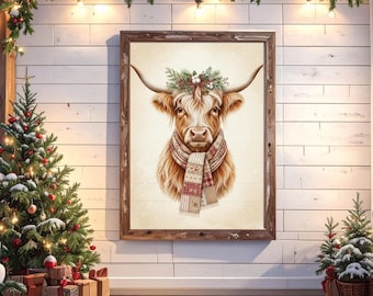 Christmas Highland Cow Holiday Poster, Cattle Wall Art, Farmhouse Xmas Decor