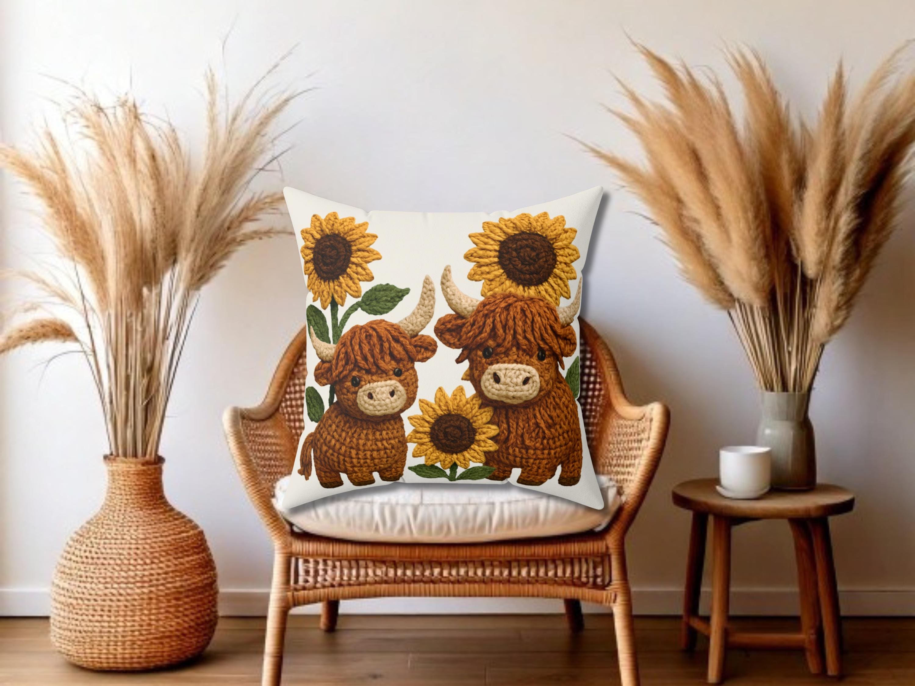30 Sunflower Cow Crochet Patterns to Bring Rustic Farm Charm to Your Home 31 Highland Cow and Sunflower Decorative Pillow Design