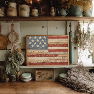 Rustic Patchwork American Flag Wall Art Print, Vintage USA Decor ...
