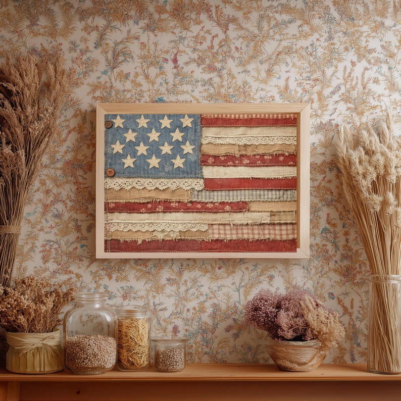 Rustic Patchwork American Flag Wall Art Print, Vintage USA Decor ...