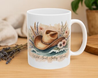 Coastal Cowgirl Mug Wild Soul Salty Heart Design Western Floral Coffee Cup Cowgirl Hat Boho Mug Gift Rustic Country Drinkware