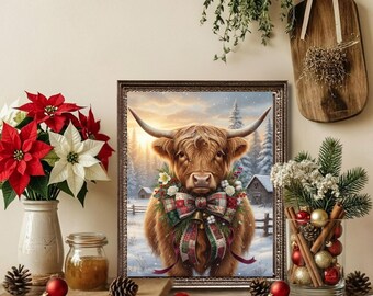 Christmas Highland Cow Winter Portrait, Festive Cattle Wall Art, Rustic Holiday Decor