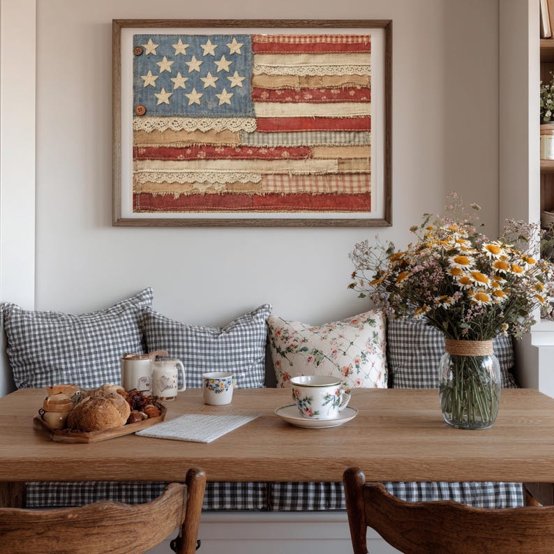Rustic Patchwork American Flag Wall Art Print, Vintage USA Decor ...
