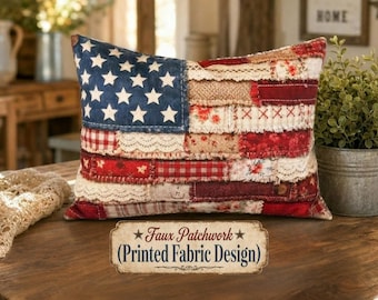 Rustic Faux Patchwork Printed American Flag Lumbar Pillow, Fourth of July Decor, Farmhouse Cottage Accent