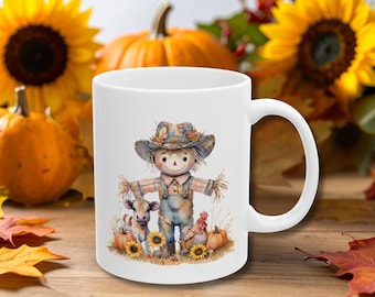 Cute Scarecrow Fall Mug, Fall Coffee Cup, Chicken Mug, Thanksgiving Mug, Cottagecore Mug, Cow Mug, Tea Cup,Fall Vibes Mug