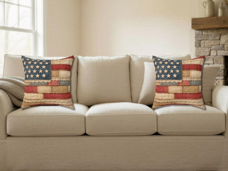 American flag patchwork farmhouse pillow displayed on neutral couch in cozy living room setting
