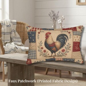 May include: Rectangular decorative pillow with a rooster design. The pillow features a patchwork pattern with red, blue, and beige squares. The rooster is depicted in full color with a red comb, blue tail feathers, and a beige body. The text "Faux Patchwork (Printed Fabric Design)" is at the bottom.