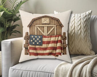 Rustic Barn and American Flag Throw Pillow, 4th of July decor, patriotic farmhouse cushion, Independence Day accent, USA flag cover