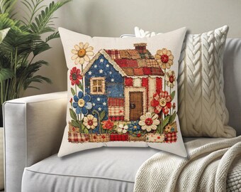 Rustic Americana House and Wildflowers Pillow, July 4 accent, patriotic home decor, vintage patchwork style, cozy couch cushion