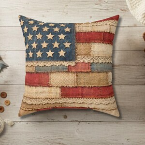 Rustic American flag patchwork pillow with vintage fabric texture on neutral farmhouse chair with cozy blanket