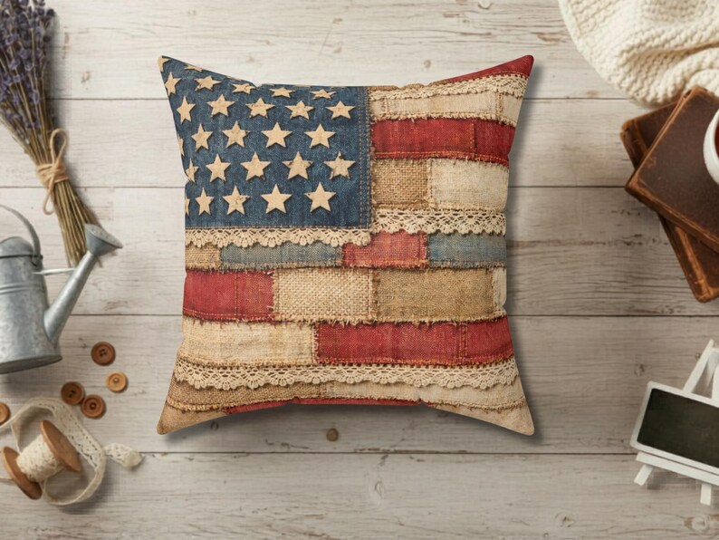 Rustic American flag patchwork pillow with vintage fabric texture on neutral farmhouse chair with cozy blanket
