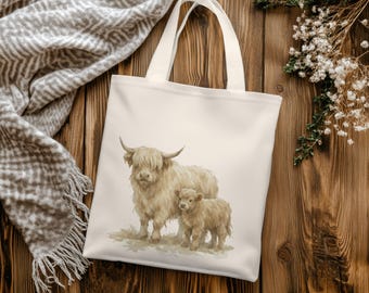 Cow Print Tote Bag Highland Cow Design Printed Tote Bag Farmhouse Style Bag Reusable Tote Fluffy Cow Highland Cow Gift