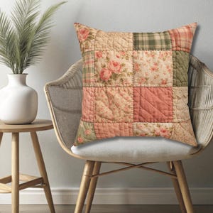 Cottagecore Quilt Square Throw Pillow, Vintage floral patchwork, Shabby chic sofa decor, Blush and sage, Cottage style accent