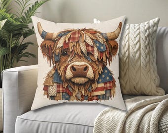 Highland Cow Fourth of July Throw Pillow, patriotic decor, red white and moo, farmhouse cushion, USA flag accents