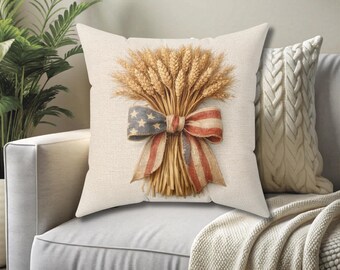 Patriotic Wheat Bundle Accent Pillow, Americana harvest decor, Old Glory bow, rustic coquette style, 4th of July to Labor Day