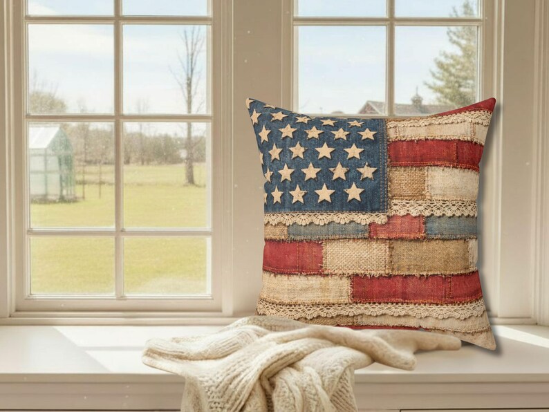 Vintage style American flag patchwork pillow on bright window bench with soft farmhouse styling