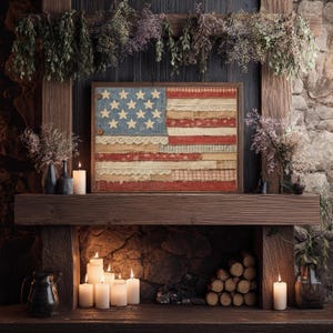 Rustic Patchwork American Flag Wall Art Print, Vintage USA Decor ...