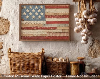 Rustic Patchwork American Flag Wall Art Print, vintage USA decor, farmhouse patriotic print, Fourth of July poster