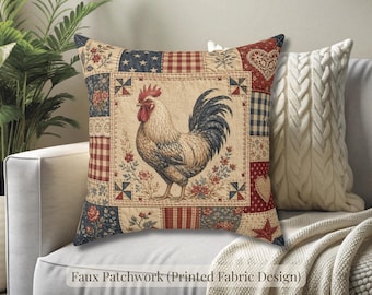 Rooster Faux Patchwork Americana Throw Pillow, Quilted farmhouse cushion, Rustic patriotic decor, 4th of July accent, Country Cottage