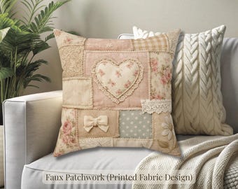 Shabby Chic Patchwork Pillow, Faux Quilt Cushion, Farmhouse Throw Pillow, Cozy Rustic Home Decor