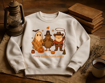Hallothanksmas Sweatshirt, Cowboy Santa Shirt, Ghost Shirt, Turkey T-shirt, Family Thanksgiving, Friendsgiving, Tis the Season Shirt