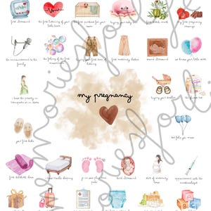Peut inclure: Illustration à l'aquarelle intitulée "ma grossesse" avec diverses étapes de la grossesse. Comprend des images d'un test positif, d'une échographie, d'articles pour bébé et le texte "my pregnancy".