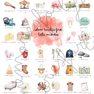 Peut inclure: Illustration à l'aquarelle de diverses bêtises d'enfants, comme faire une colère, manger des bonbons et dessiner sur les murs. Le texte "islem benali's first little mistakes" est au centre.