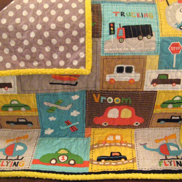 Baby Quilt Vroom Cars Trucks Personalized Red Orange Yellow Gray