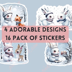 Joli bébé lièvre d'Amérique d'hiver + Pack d'autocollants animaux de la forêt - Stickers animaux kawaii pour journaux, agendas, calendriers et cahiers - 16 pièces