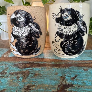 Cutesy handmade and hand-carved sgraffito bunny Mishima pottery ceramic cup