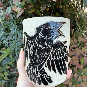 May include: A speckled ceramic mug featuring a black raven design. The raven is depicted with its beak open, wings spread, and detailed feathers. The mug has a cylindrical shape and a neutral color, with the raven design prominently displayed.