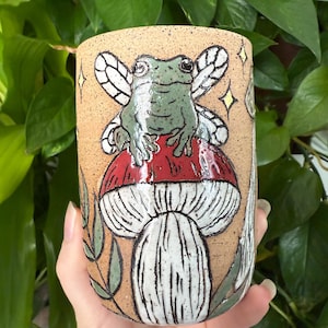 Handmade Sgraffito and Mishima Cottagecore Mushroom Fae Frog & Toad Cup