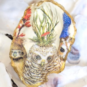 Oyster Shell Trinket Dish, Birds Wearing Hats - Handmade Decoupaged Trinket Dish, Birthday Gift, Hostess Gift