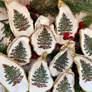 Christmas Tree Oyster Shell Ornaments — Handcrafted Coastal Holiday Decor — Gold Edge Shell Ornament