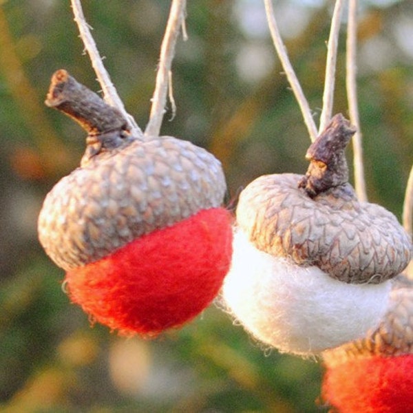 Wool Felted Acorn Ornaments - Set of 6 in Red and White