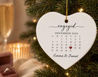 Engaged Calendar Ornament heart ceramic ornament | Personalized names, date marked