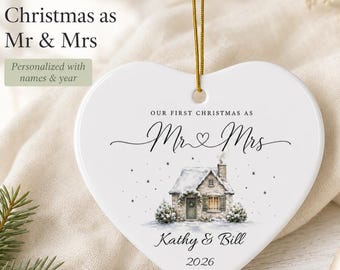 Mr & Mrs Cottage Illustration Ceramic Ornament | Personalized First Christmas