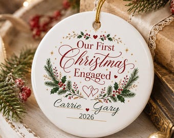 Our First Christmas Engaged Ceramic Ornament | Personalized Names & Year