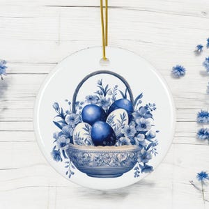 Delftware Style Easter Ornament: Blue Floral Basket Ceramic Decor