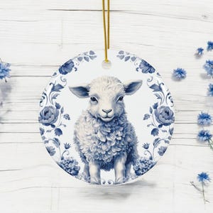 Delftware Style Ceramic Lamb Ornament: Blue Floral Easter Decor