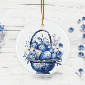 Blue and White Ceramic Easter Ornament, Birds and Floral Egg Design